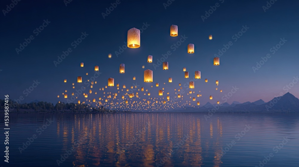 Poster ethereal floating lanterns illuminating calm lake at twilight