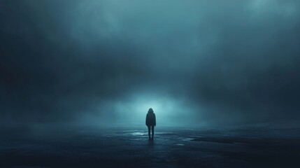 Figure sits curled up on a road of sorrow lost in overwhelming sadness.