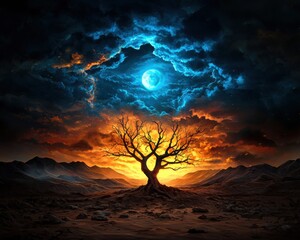 A dark fantasy illustration depicts a desolate landscape centered on a dying tree beneath a dramatic climate-altered sky with a surreal, glowing moon above.