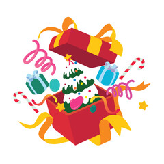 Flat cartoon vector of an open red Christmas gift box with tree, candy canes, ribbons, and small presents. A vibrant, fun holiday design perfect for Christmas, celebrations, or festive themes.