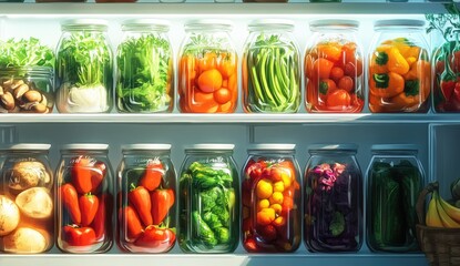 Fresh vegetables in glass jars, lined up in a refrigerator