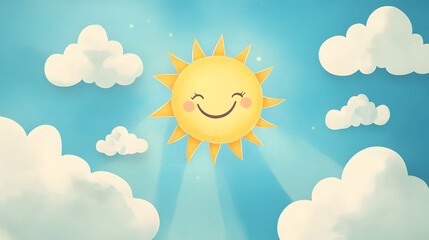 Whimsical design of smiling sun and fluffy clouds in vibrant sky