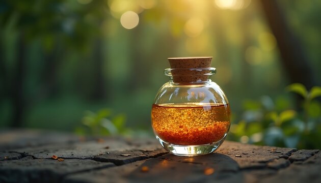Small glass jar with cork stopper filled with golden liquid on wooden surface outdoors - Powered by Adobe
