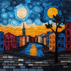 A fauvist depiction of urban poverty shows a cityscape under a swirling, textured sky, evoking a sense of melancholy and the harsh realities of life positioned right.