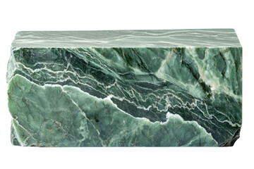 Elegant green stone block showcasing smooth surface and intricate natural veins with a polished finish in a minimalist setting
