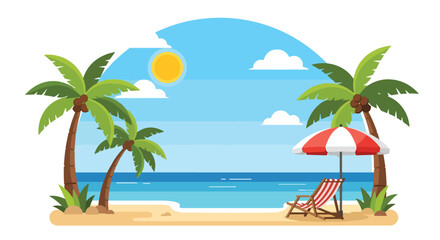 Adobe Illustrator Artwork Flat vector illustration of a vibrant summer beach scene with palm trees, a sunny sky, and a relaxing beach chair. Perfect for summer holiday promotions	