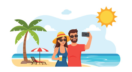 Adoe illustrator Flat style vector illustration of a happy couple taking a selfie on a sunny tropical beach during their summer holiday	