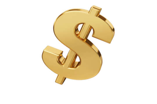 Gold dollar symbol isolated on transparent background, representing wealth and financial transactions