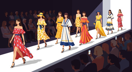 Adobe illustrator artwork vector illustration of a vibrant fashion show with models showcasing diverse, stylish dresses on a brightly lit runway, surrounded by an appreciative audience