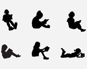 the children reading a book vector silhouette.girl kids reading activity illustration isolated on background