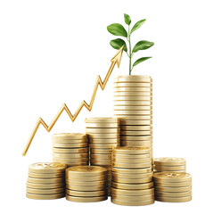 Growing Wealth Gold Coins Stacked with Upward Trend Arrow and Plant