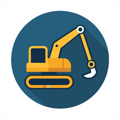Flat Design Excavator Icon in Blue Circle with Long Shadow