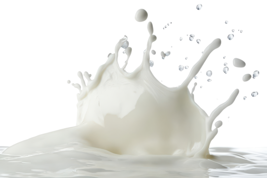 Splash of milk or white liquid creating dynamic droplets against a pristine white background, capturing the moment of impact and movement in fluid dynamics