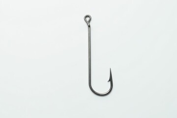 Close-up view of a single flat fishing hook, white backdrop , fishing hook, bait