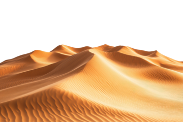 Desert sand dune pile isolated on white background showing natural texture and shape with fine grains of sand illuminated by light