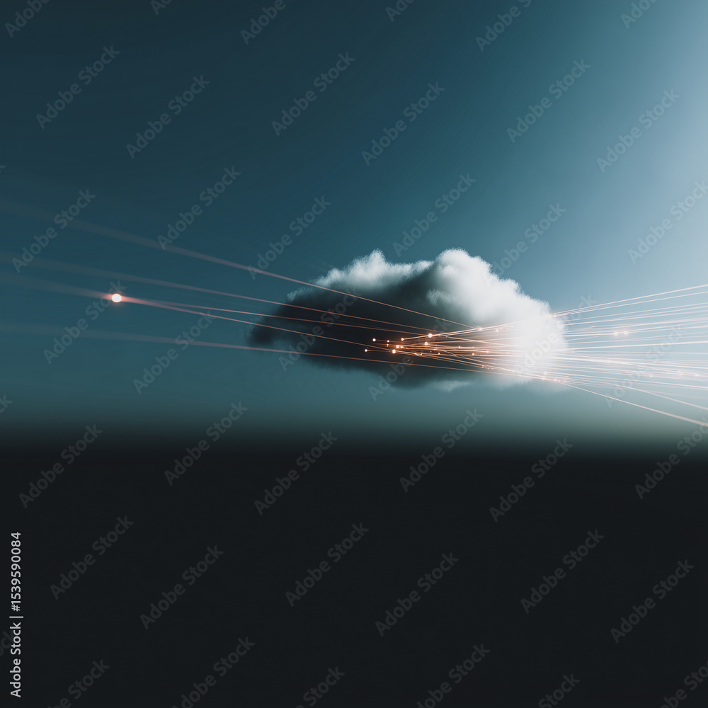 Poster cloud computing network: abstract representation of a cloud computing network, featuring a fluffy cl