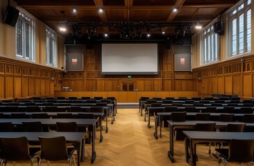 Grand lecture hall, wooden paneling, rows of chairs, tables, and a large screen