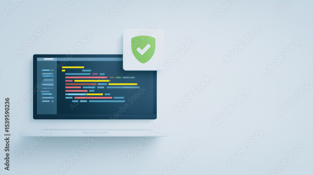 Poster cyber shield: a modern laptop displaying lines of complex code alongside a digital shield icon, repr