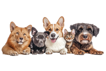 Pets enjoy a moment together on a clean background with warm expressions and playful poses capturing their unique personalities and friendships