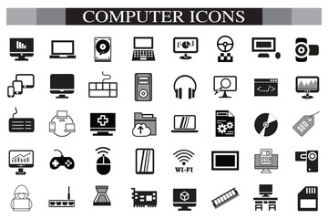 Computer icon set. Computer, network, website, server, web design, monitor, smartphone, tablet and laptop and programming, icons vector collection.