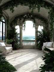 Fototapeta premium Serene Ocean View from a Luxurious Mediterranean Balcony