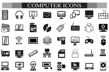 Computer icon set. Computer, network, website, server, web design, monitor, smartphone, tablet and laptop and programming, icons vector collection.