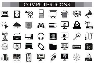 Computer icon set. Computer, network, website, server, web design, monitor, smartphone, tablet and laptop and programming, icons vector collection.