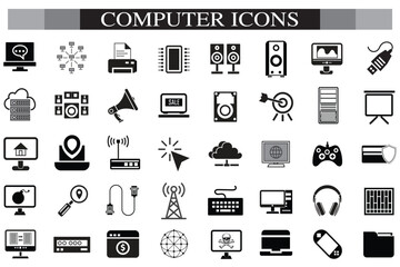 Computer icon set. Computer, network, website, server, web design, monitor, smartphone, tablet and laptop and programming, icons vector collection.