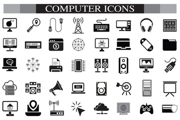 Computer icon set. Computer, network, website, server, web design, monitor, smartphone, tablet and laptop and programming, icons vector collection.