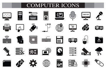 Computer icon set. Computer, network, website, server, web design, monitor, smartphone, tablet and laptop and programming, icons vector collection.