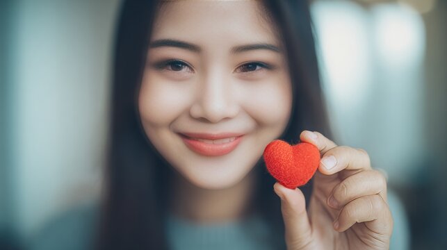 Smiling woman holding red heart shape in hands, symbolizing love, care, health and blood donation awareness, with emotional focus and blurred background in studio light.