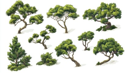 Obraz premium Collection of various stylized trees and shrubs in vibrant green