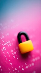 Yellow and Black Padlock on Pink Binary Code Background