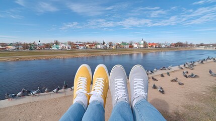 Yellow and Gray Sneakers by River with City View