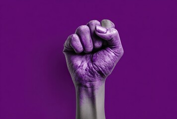 Raised purple fist of a woman for international women's day and the feminist movement. March 8 for feminism, independence, freedom, empowerment, and activism for women rights. High quality