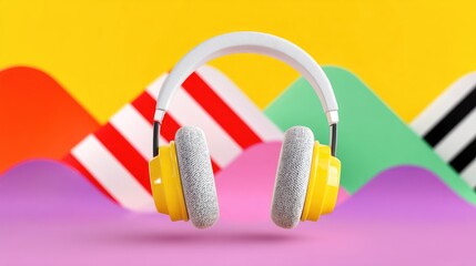 Yellow And White Headphones On Abstract Colorful Background