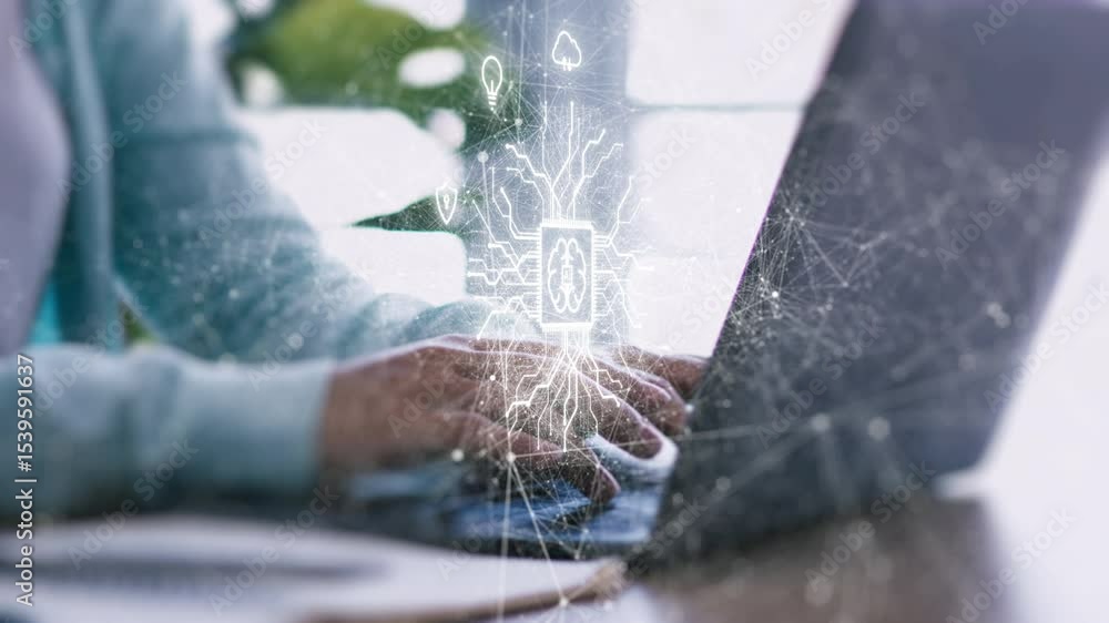 Poster hands typing on laptop with ai digital interface overlay, symbolizing artificial intelligence integr