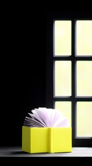 Yellow Book Shaped Object with Purple Accents in Dark Room near Window