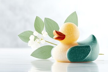 Yellow and Teal Sugar Coated Rubber Duck with Eucalyptus and White Flowers