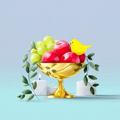 Yellow Bird and Red Apples in Gold Bowl with Grapes and Candles