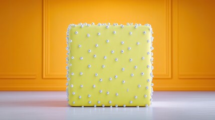 Yellow Cube with Silver Dots on Bright Yellow Background