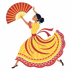 A woman in a yellow and red dress is holding a fan and dancing