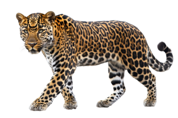 Leopard walking with grace and confidence on a transparent background showcasing its distinctive spotted coat and muscular physique