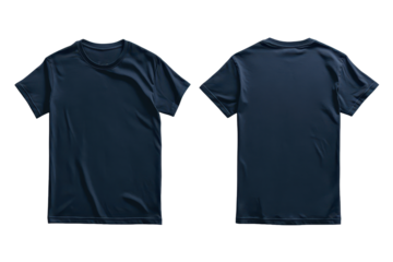 Navy blue blank t shirt template showcasing front and back views for custom designs or apparel mockups in a simple, clean format