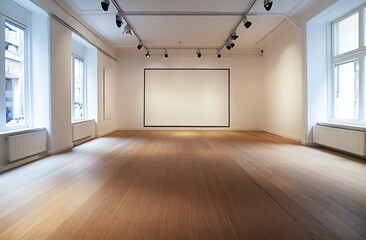 Obraz premium Empty art gallery space, white walls, large blank canvas, wooden floor, windows