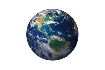 Fototapeta premium Globe depicting Earth viewed from space featuring North and South America with clouds on transparent background
