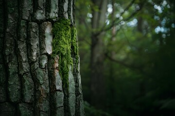 Obraz premium Moss covered tree bark in dark forest