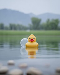 Yellow Rubber Duck Floating on Calm Water with Mountain Background