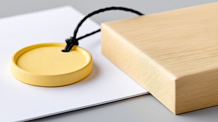 Yellow Round Tag Mockup on Kraft Paper with Wooden Square