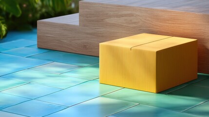 Yellow Product Box on Teal Platform with Warm Lighting